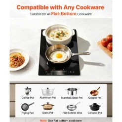 VEVOR Electric Cooktop 12inch 2 Burners Portable Stove Top 1800W 120V, Ceramic Countertop/Built-in Radiant Electric Stove, with 16 Power Levels, Timer, Child Lock, Over-Heat Guard, Touch Control