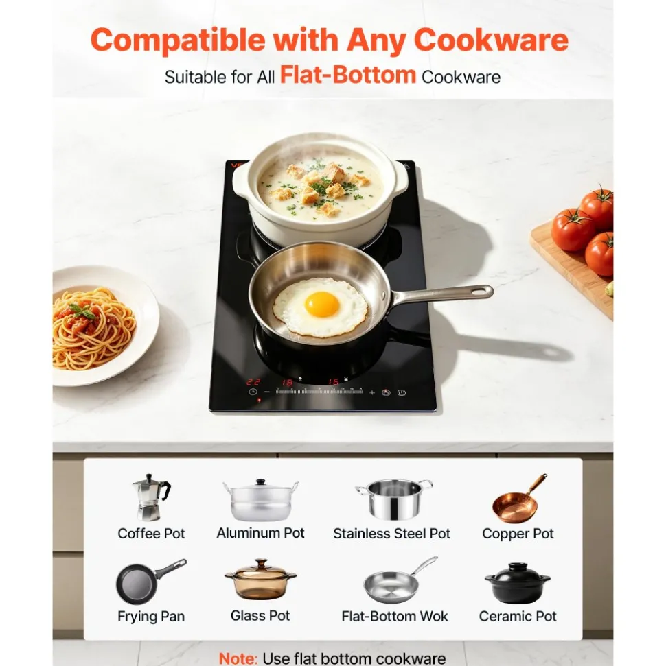 VEVOR Electric Cooktop 12inch 2 Burners Portable Stove Top 1800W 120V, Ceramic Countertop/Built-in Radiant Electric Stove, with 16 Power Levels, Timer, Child Lock, Over-Heat Guard, Touch Control