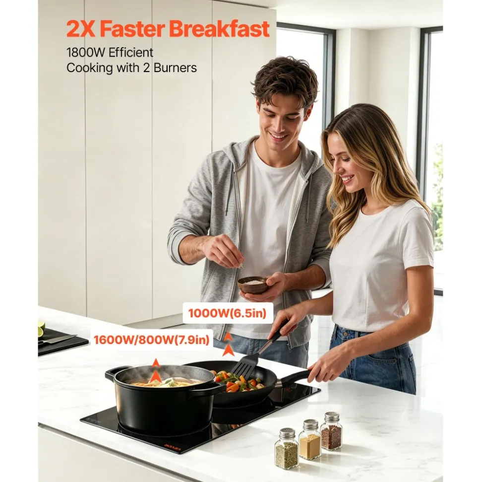 VEVOR Electric Cooktop 12inch 2 Burners Portable Stove Top 1800W 120V, Ceramic Countertop/Built-in Radiant Electric Stove, with 16 Power Levels, Timer, Child Lock, Over-Heat Guard, Touch Control
