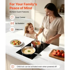 VEVOR Electric Cooktop 12inch 2 Burners Portable Stove Top 1800W 120V, Ceramic Countertop/Built-in Radiant Electric Stove, with 16 Power Levels, Timer, Child Lock, Over-Heat Guard, Touch Control