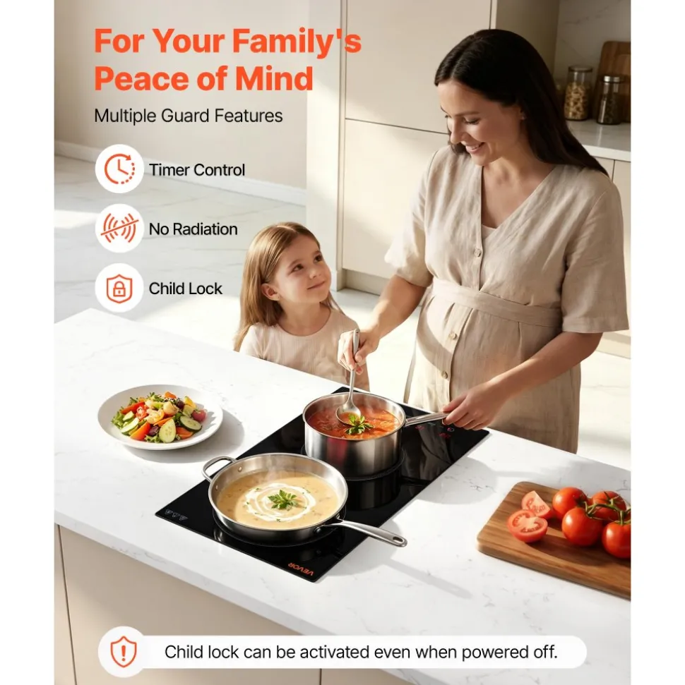 VEVOR Electric Cooktop 12inch 2 Burners Portable Stove Top 1800W 120V, Ceramic Countertop/Built-in Radiant Electric Stove, with 16 Power Levels, Timer, Child Lock, Over-Heat Guard, Touch Control