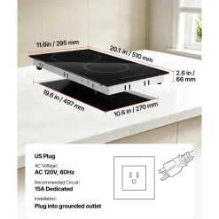 VEVOR Electric Cooktop 12inch 2 Burners Portable Stove Top 1800W 120V, Ceramic Countertop/Built-in Radiant Electric Stove, with 16 Power Levels, Timer, Child Lock, Over-Heat Guard, Touch Control