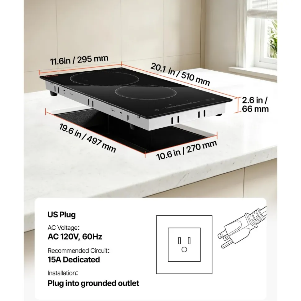 VEVOR Electric Cooktop 12inch 2 Burners Portable Stove Top 1800W 120V, Ceramic Countertop/Built-in Radiant Electric Stove, with 16 Power Levels, Timer, Child Lock, Over-Heat Guard, Touch Control