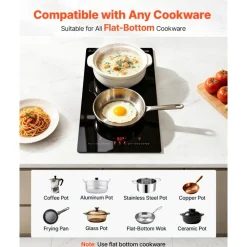VEVOR Electric Cooktop 12inch 2 Burners Portable Stove Top 1800W 120V, Ceramic Countertop/Built-in Radiant Electric Stove, with 9 Power Levels, Timer, Child Lock, Over-Heat Guard, Touch Control