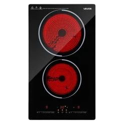 VEVOR Electric Cooktop 12inch 2 Burners Portable Stove Top 1800W 120V, Ceramic Countertop/Built-in Radiant Electric Stove, with 9 Power Levels, Timer, Child Lock, Over-Heat Guard, Touch Control