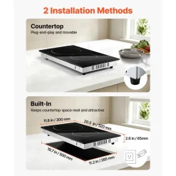 VEVOR Electric Cooktop 12inch 2 Burners Portable Stove Top 1800W 120V, Ceramic Countertop/Built-in Radiant Electric Stove, with 9 Power Levels, Timer, Child Lock, Over-Heat Guard, Touch Control