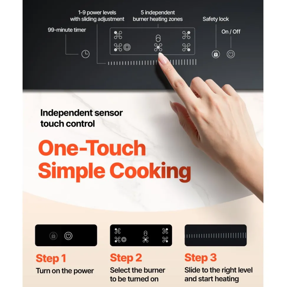 VEVOR Electric Cooktop, 24 inch 2 Burners Built-in Electric Stove Top, 1800W Ceramic Top Radiant Cooktop with Glass Panel, Touch Control, Timer, Child Lock, 9 Heat Level, Residual Heat Indicator, 120V