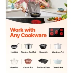 VEVOR Electric Cooktop, 24 inch 2 Burners Built-in Electric Stove Top, 1800W Ceramic Top Radiant Cooktop with Glass Panel, Touch Control, Timer, Child Lock, 9 Heat Level, Residual Heat Indicator, 120V