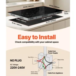 VEVOR Electric Cooktop, 24 inch 2 Burners Built-in Electric Stove Top, 1800W Ceramic Top Radiant Cooktop with Glass Panel, Touch Control, Timer, Child Lock, 9 Heat Level, Residual Heat Indicator, 120V
