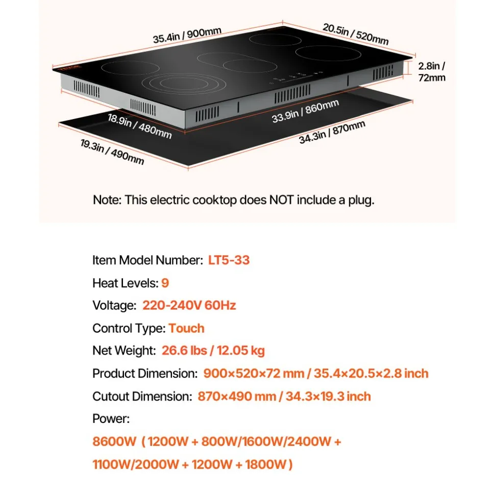 VEVOR Electric Cooktop, 24 inch 2 Burners Built-in Electric Stove Top, 1800W Ceramic Top Radiant Cooktop with Glass Panel, Touch Control, Timer, Child Lock, 9 Heat Level, Residual Heat Indicator, 120V