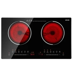 VEVOR Electric Cooktop 24inch 2 Burners Portable Stove Top 1800W 120V, Ceramic Countertop/Built-in Radiant Electric Stove , with 9 Power Levels, Timer, Child Lock, Over-Heat Guard, Touch Control