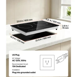 VEVOR Electric Cooktop 24inch 2 Burners Portable Stove Top 1800W 120V, Ceramic Countertop/Built-in Radiant Electric Stove , with 9 Power Levels, Timer, Child Lock, Over-Heat Guard, Touch Control