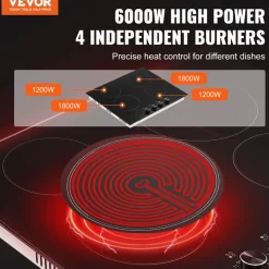 VEVOR Electric Cooktop 30inch 4 Burners Stove Top 6700W 220V No Plug, Ceramic Built-in Radiant Electric Stove , with 11 Power Levels, Timer, Child Lock, Over-Heat Guard, Knob/Touch Control