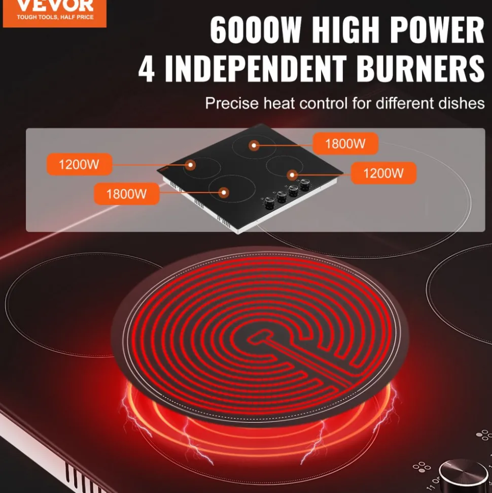 VEVOR Electric Cooktop 30inch 4 Burners Stove Top 6700W 220V No Plug, Ceramic Built-in Radiant Electric Stove , with 11 Power Levels, Timer, Child Lock, Over-Heat Guard, Knob/Touch Control