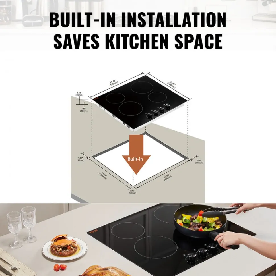 VEVOR Electric Cooktop 30inch 4 Burners Stove Top 6700W 220V No Plug, Ceramic Built-in Radiant Electric Stove , with 11 Power Levels, Timer, Child Lock, Over-Heat Guard, Knob/Touch Control