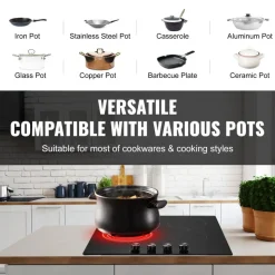 VEVOR Electric Cooktop 30inch 4 Burners Stove Top 6700W 220V No Plug, Ceramic Built-in Radiant Electric Stove , with 11 Power Levels, Timer, Child Lock, Over-Heat Guard, Knob/Touch Control