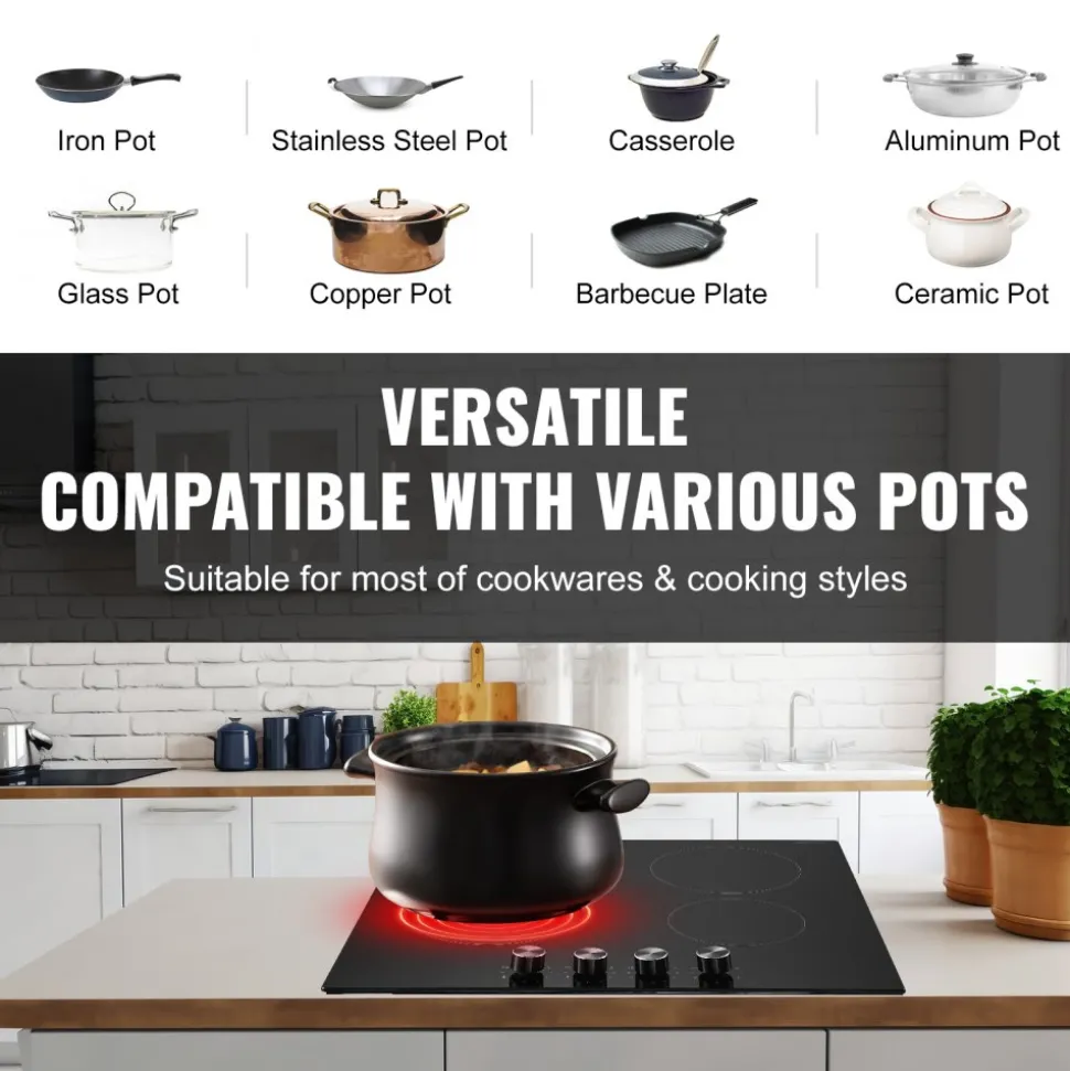 VEVOR Electric Cooktop 30inch 4 Burners Stove Top 6700W 220V No Plug, Ceramic Built-in Radiant Electric Stove , with 11 Power Levels, Timer, Child Lock, Over-Heat Guard, Knob/Touch Control