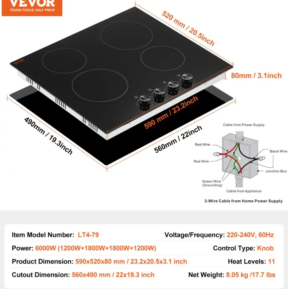 VEVOR Electric Cooktop 30inch 4 Burners Stove Top 6700W 220V No Plug, Ceramic Built-in Radiant Electric Stove , with 11 Power Levels, Timer, Child Lock, Over-Heat Guard, Knob/Touch Control