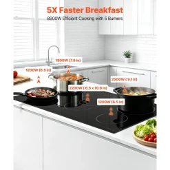 VEVOR Electric Cooktop 36inch 5 Burners Stove Top 8900W 220V No Plug, Ceramic Built-in Radiant Electric Stove , with 9 Power Levels, Timer, Child Lock, Over-Heat Guard, Touch Control