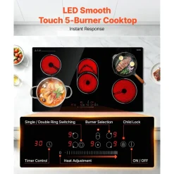 VEVOR Electric Cooktop 36inch 5 Burners Stove Top 8900W 220V No Plug, Ceramic Built-in Radiant Electric Stove , with 9 Power Levels, Timer, Child Lock, Over-Heat Guard, Touch Control