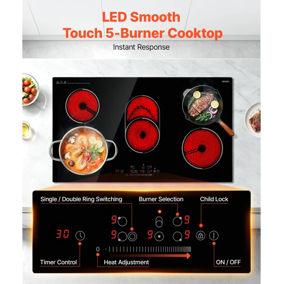 VEVOR Electric Cooktop 36inch 5 Burners Stove Top 8900W 220V No Plug, Ceramic Built-in Radiant Electric Stove , with 9 Power Levels, Timer, Child Lock, Over-Heat Guard, Touch Control