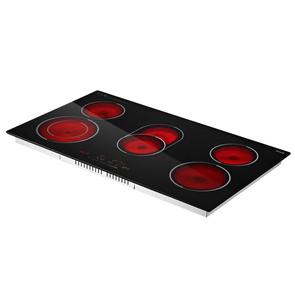 VEVOR Electric Cooktop 36inch 5 Burners Stove Top 8900W 220V No Plug, Ceramic Built-in Radiant Electric Stove , with 9 Power Levels, Timer, Child Lock, Over-Heat Guard, Touch Control