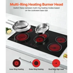VEVOR Electric Cooktop 36inch 5 Burners Stove Top 8900W 220V No Plug, Ceramic Built-in Radiant Electric Stove , with 9 Power Levels, Timer, Child Lock, Over-Heat Guard, Touch Control
