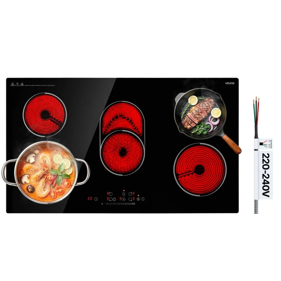 VEVOR Electric Cooktop 36inch 5 Burners Stove Top 8900W 220V No Plug, Ceramic Built-in Radiant Electric Stove , with 9 Power Levels, Timer, Child Lock, Over-Heat Guard, Touch Control