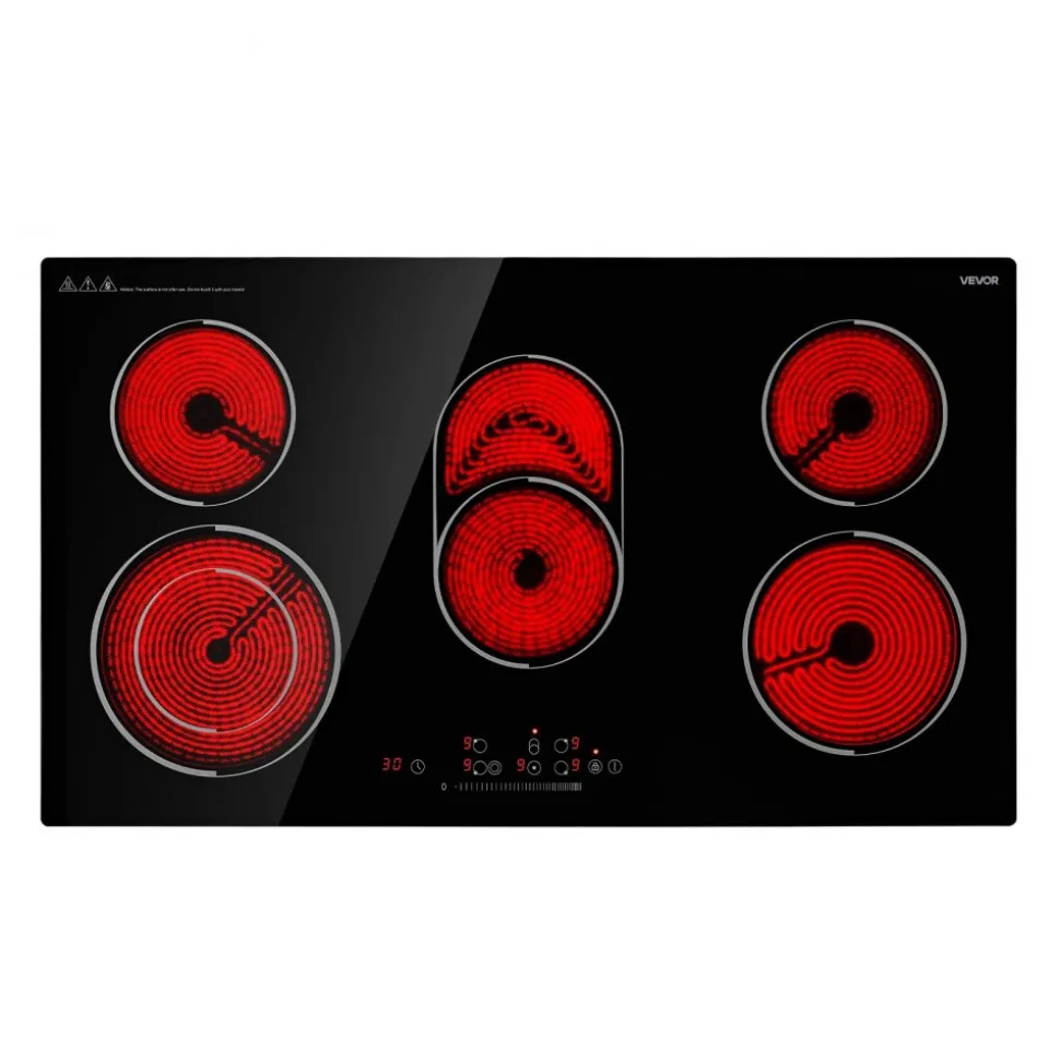 VEVOR Electric Cooktop 36inch 5 Burners Stove Top 8900W 220V No Plug, Ceramic Built-in Radiant Electric Stove , with 9 Power Levels, Timer, Child Lock, Over-Heat Guard, Touch Control