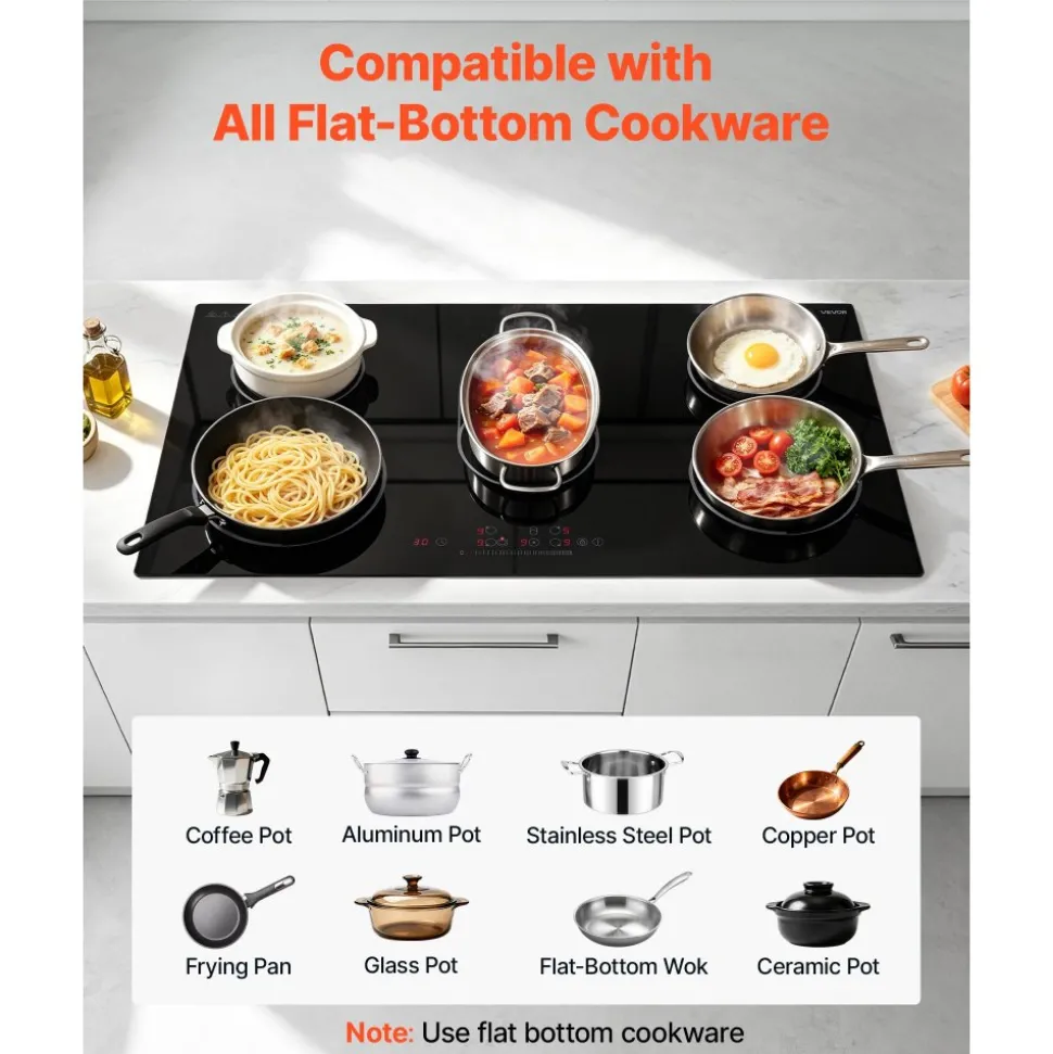 VEVOR Electric Cooktop 36inch 5 Burners Stove Top 8900W 220V No Plug, Ceramic Built-in Radiant Electric Stove , with 9 Power Levels, Timer, Child Lock, Over-Heat Guard, Touch Control