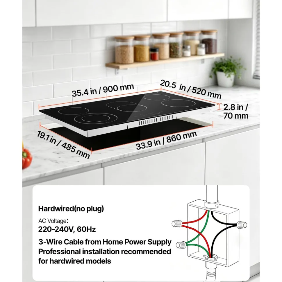 VEVOR Electric Cooktop 36inch 5 Burners Stove Top 8900W 220V No Plug, Ceramic Built-in Radiant Electric Stove , with 9 Power Levels, Timer, Child Lock, Over-Heat Guard, Touch Control
