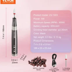 VEVOR Electric Cordless Nail Drill, 30,000RPM Variable-Speed Rechargeable Nail E File Machine, Portable Manicure Pedicure Polisher with 50PCS Sanding Bands for Dead Skin Removal, Nail Surface Smooth
