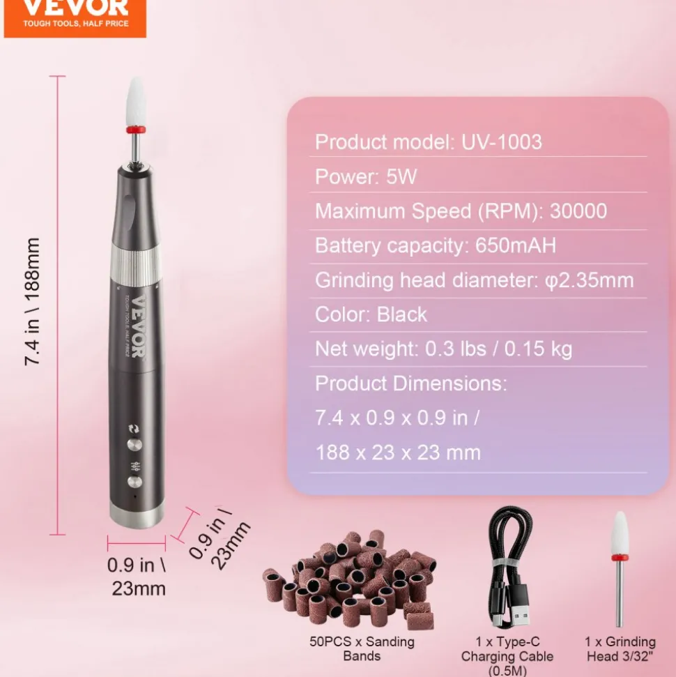 VEVOR Electric Cordless Nail Drill, 30,000RPM Variable-Speed Rechargeable Nail E File Machine, Portable Manicure Pedicure Polisher with 50PCS Sanding Bands for Dead Skin Removal, Nail Surface Smooth