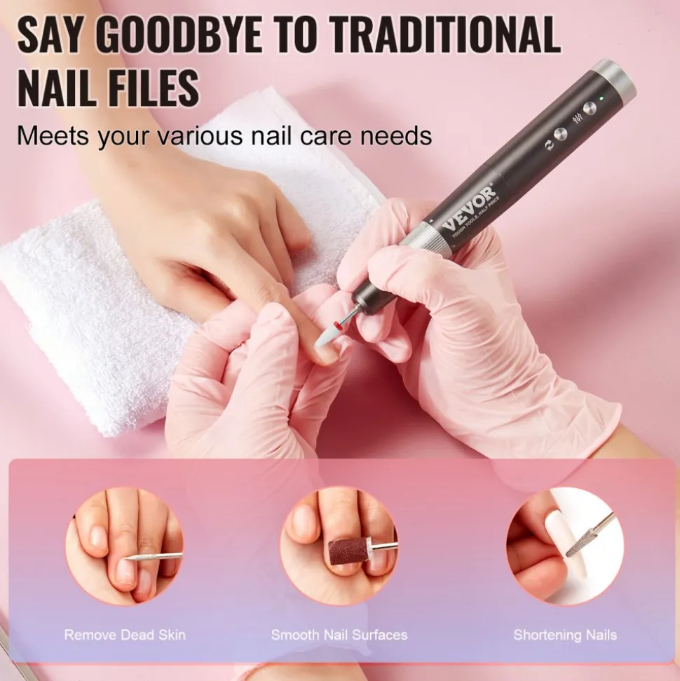 VEVOR Electric Cordless Nail Drill, 30,000RPM Variable-Speed Rechargeable Nail E File Machine, Portable Manicure Pedicure Polisher with 50PCS Sanding Bands for Dead Skin Removal, Nail Surface Smooth