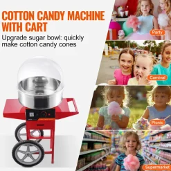 VEVOR Electric Cotton Candy Machine with Cart, 1000W Commercial Candy Floss Maker with Cover, Stainless Steel Bowl, Sugar Scoop and Drawer, Perfect for Home, Kids Birthday, Family Party, Red