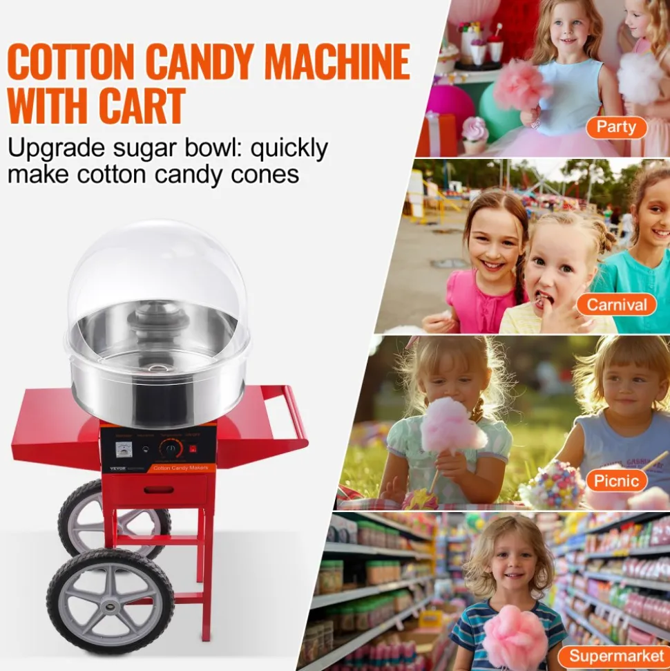 VEVOR Electric Cotton Candy Machine with Cart, 1000W Commercial Candy Floss Maker with Cover, Stainless Steel Bowl, Sugar Scoop and Drawer, Perfect for Home, Kids Birthday, Family Party, Red