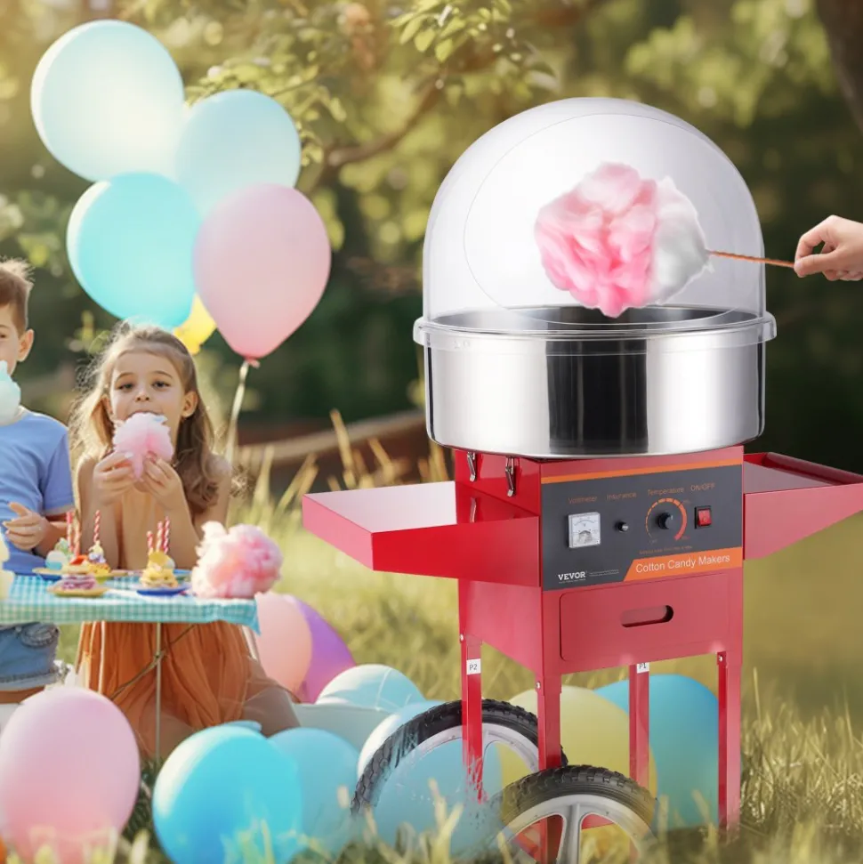 VEVOR Electric Cotton Candy Machine with Cart, 1000W Commercial Candy Floss Maker with Cover, Stainless Steel Bowl, Sugar Scoop and Drawer, Perfect for Home, Kids Birthday, Family Party, Red