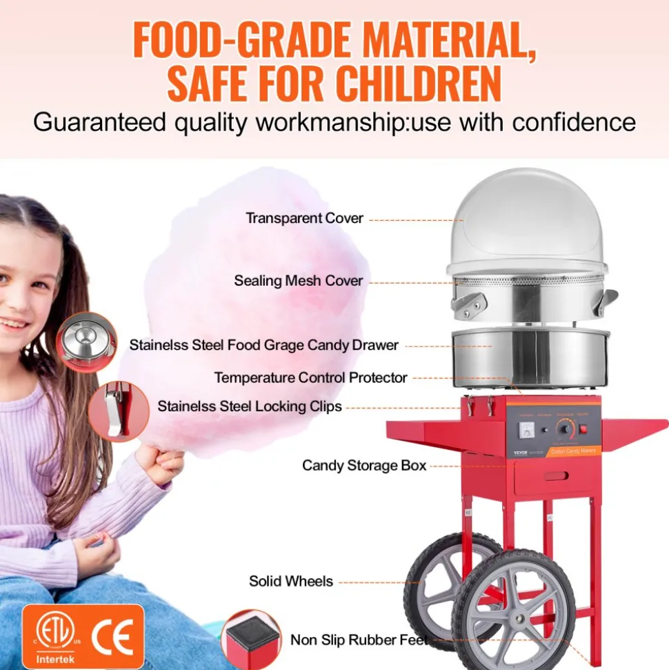 VEVOR Electric Cotton Candy Machine with Cart, 1000W Commercial Candy Floss Maker with Cover, Stainless Steel Bowl, Sugar Scoop and Drawer, Perfect for Home, Kids Birthday, Family Party, Red
