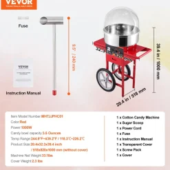VEVOR Electric Cotton Candy Machine with Cart, 1000W Commercial Candy Floss Maker with Cover, Stainless Steel Bowl, Sugar Scoop and Drawer, Perfect for Home, Kids Birthday, Family Party, Red