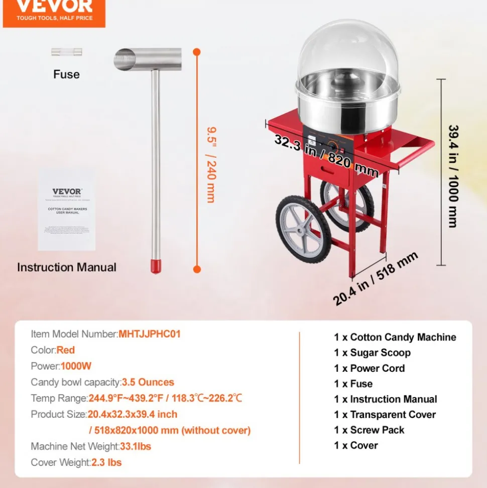 VEVOR Electric Cotton Candy Machine with Cart, 1000W Commercial Candy Floss Maker with Cover, Stainless Steel Bowl, Sugar Scoop and Drawer, Perfect for Home, Kids Birthday, Family Party, Red