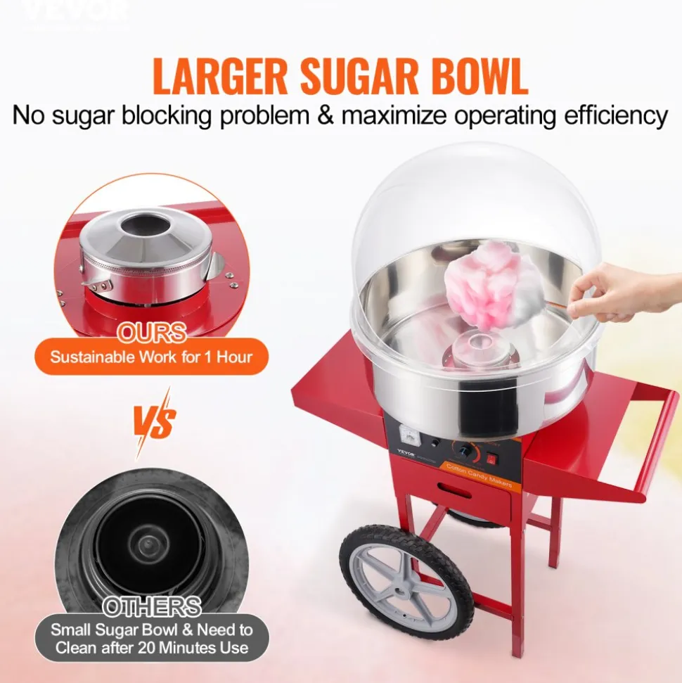 VEVOR Electric Cotton Candy Machine with Cart, 1000W Commercial Candy Floss Maker with Cover, Stainless Steel Bowl, Sugar Scoop and Drawer, Perfect for Home, Kids Birthday, Family Party, Red
