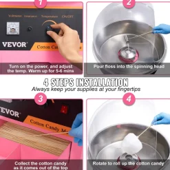 VEVOR Electric Cotton Candy Machine, 1000W Candy Floss Maker, Commercial Cotton Candy Machine with Stainless Steel Bowl, Sugar Scoop, and Cover, Perfect for Home Kids Birthday, Family Party Pink
