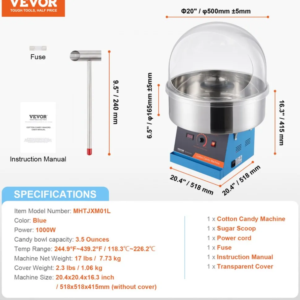 VEVOR Electric Cotton Candy Machine, 1000W Candy Floss Maker, Commercial Cotton Candy Machine with Cover, Stainless Steel Bowl, and Sugar Scoop, Perfect for Home Kids Birthday, Family Party (Blue)