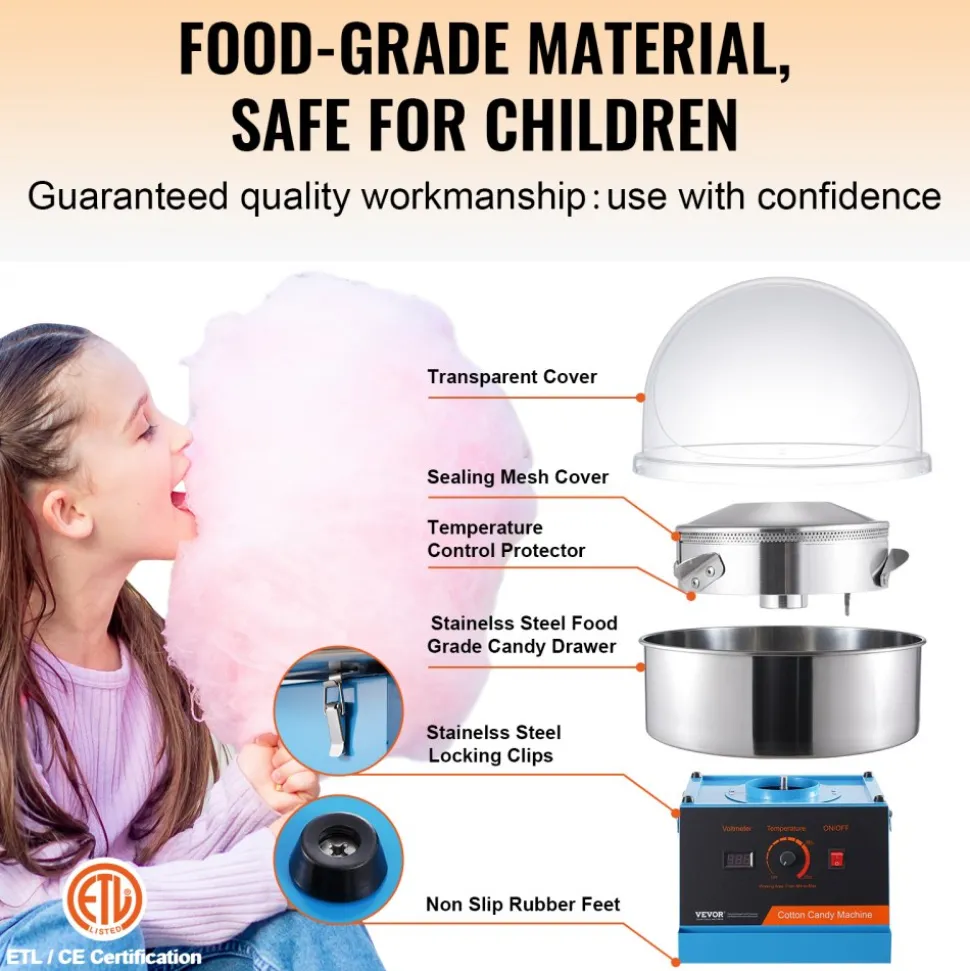 VEVOR Electric Cotton Candy Machine, 1000W Candy Floss Maker, Commercial Cotton Candy Machine with Cover, Stainless Steel Bowl, and Sugar Scoop, Perfect for Home Kids Birthday, Family Party (Blue)
