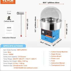 VEVOR Electric Cotton Candy Machine, 1000W Candy Floss Maker, Commercial Cotton Candy Machine with Cover, Stainless Steel Bowl, Sugar Scoop, Drawer, Perfect for Home Kids Birthday, Family Party, Blue