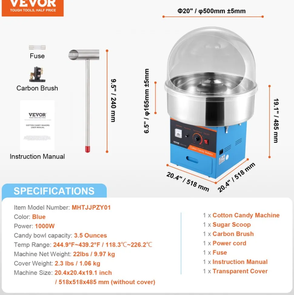 VEVOR Electric Cotton Candy Machine, 1000W Candy Floss Maker, Commercial Cotton Candy Machine with Cover, Stainless Steel Bowl, Sugar Scoop, Drawer, Perfect for Home Kids Birthday, Family Party, Blue
