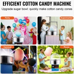 VEVOR Electric Cotton Candy Machine, 1000W Candy Floss Maker, Commercial Cotton Candy Machine with Cover, Stainless Steel Bowl, Sugar Scoop, Drawer, Perfect for Home Kids Birthday, Family Party, Blue