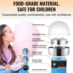 VEVOR Electric Cotton Candy Machine, 1000W Candy Floss Maker, Commercial Cotton Candy Machine with Cover, Stainless Steel Bowl, Sugar Scoop, Drawer, Perfect for Home Kids Birthday, Family Party, Blue