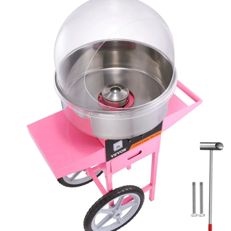 VEVOR Electric Cotton Candy Machine Cart with Bubble Cover Shield, 1000W Commercial Floss Maker with Stainless Steel Bowl, Sugar Scoop and Drawer, Perfect for Home, Kids Birthday, Family Party, Pink