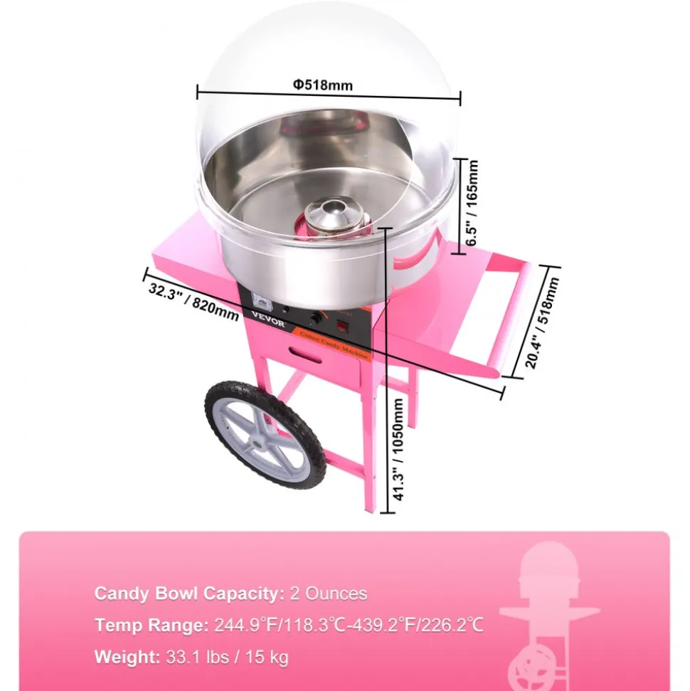 VEVOR Electric Cotton Candy Machine Cart with Bubble Cover Shield, 1000W Commercial Floss Maker with Stainless Steel Bowl, Sugar Scoop and Drawer, Perfect for Home, Kids Birthday, Family Party, Pink